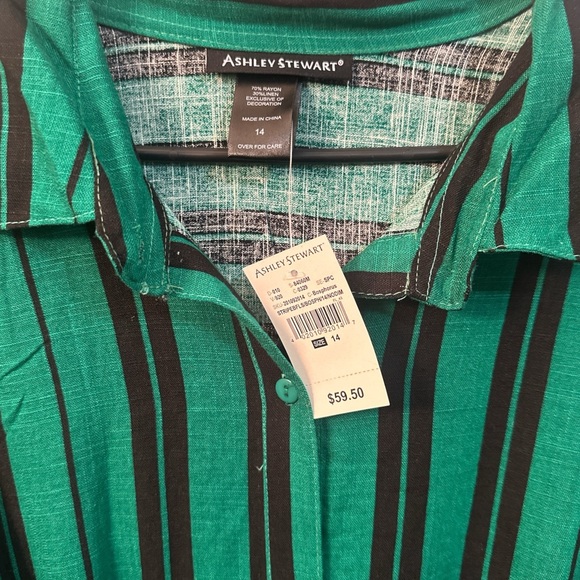 NEW ASHLEY STEWART LINEN BLEND STRIPPED GREEN/ BLACK SIZE 14 - Picture 5 of 7